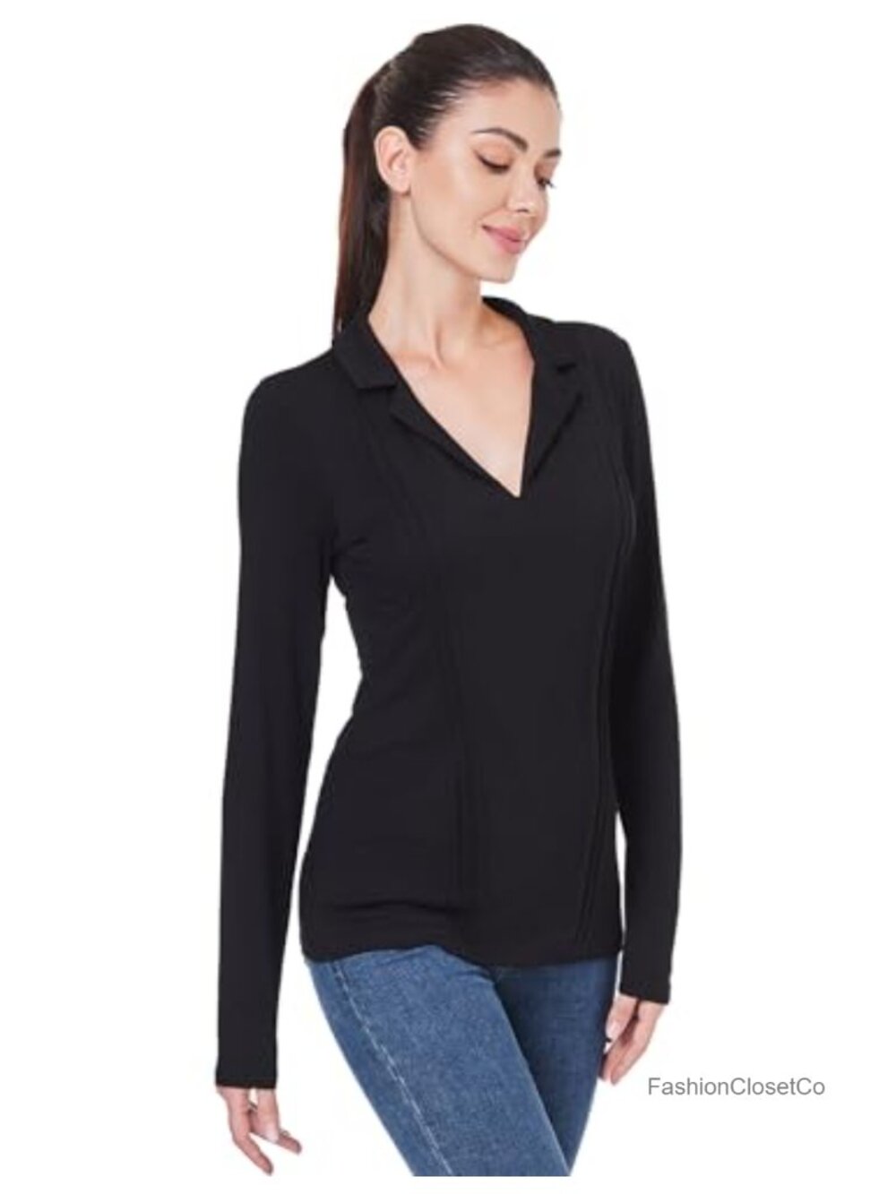 Women's Long Sleeve Striped Polo Shirt Lapel Collar V-Neck Dressy Casual Tunic
